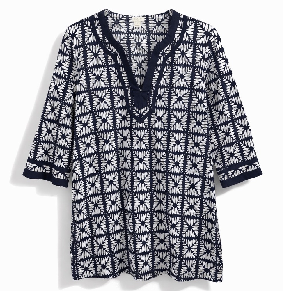 J.Crew Womens Navy White Geometric Leaf Print 3/4 Sleeve‎ Tunic Top Size S